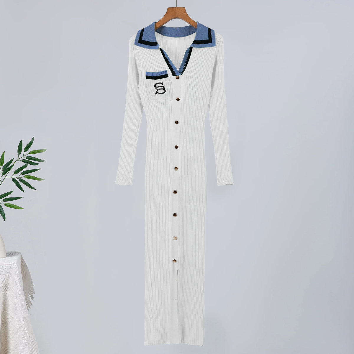 Embroidered Knit Bodycon Maxi Sweater Dress
