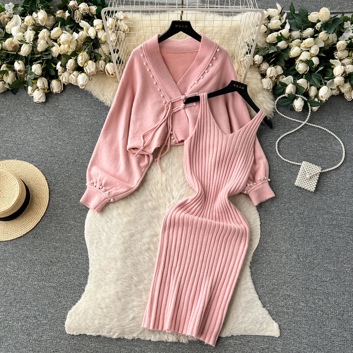 Long Sleeve Pencil Dress Two-Piece Set