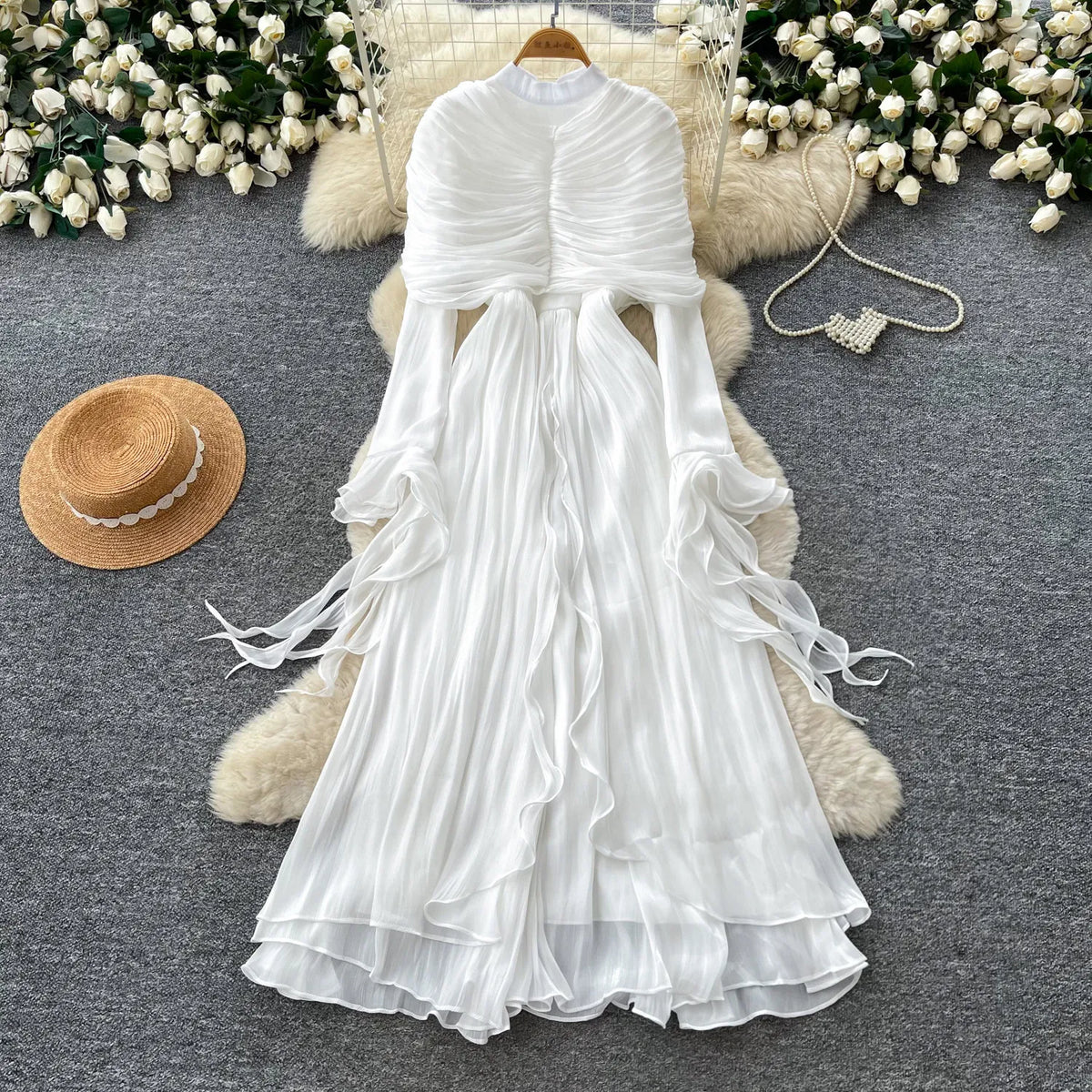 Ribbon Puff Sleeve Cape Maxi Dress