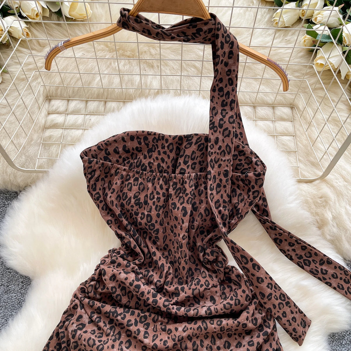 Leopard Halter Asymmetric Party Dress