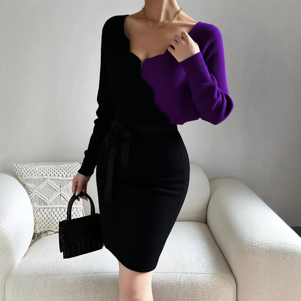 Batwing Sleeve Patchwork Knit Mini Dress