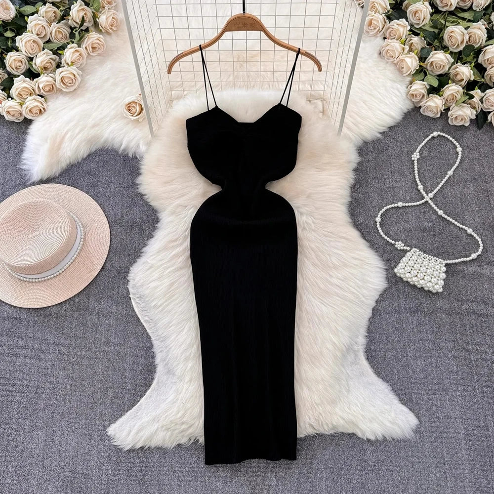 V-Neck Knit Spaghetti Strap Midi Dress
