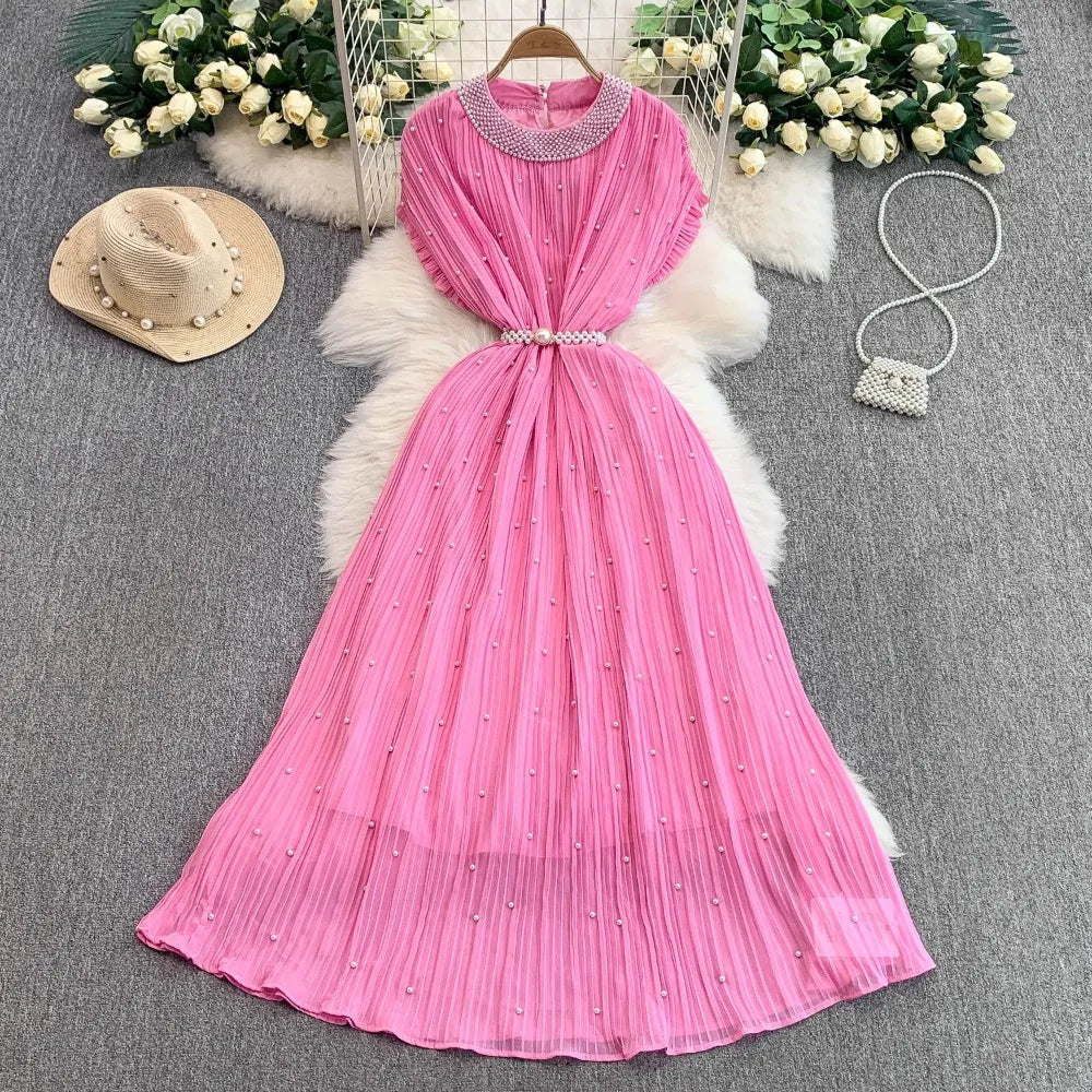 Beaded Mesh Ruched Short Sleeve Dress