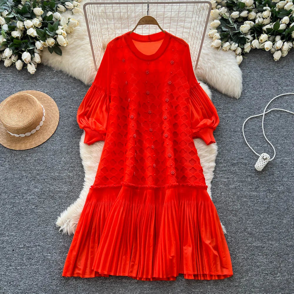 Beaded Spliced Long Sleeve Evening Dress