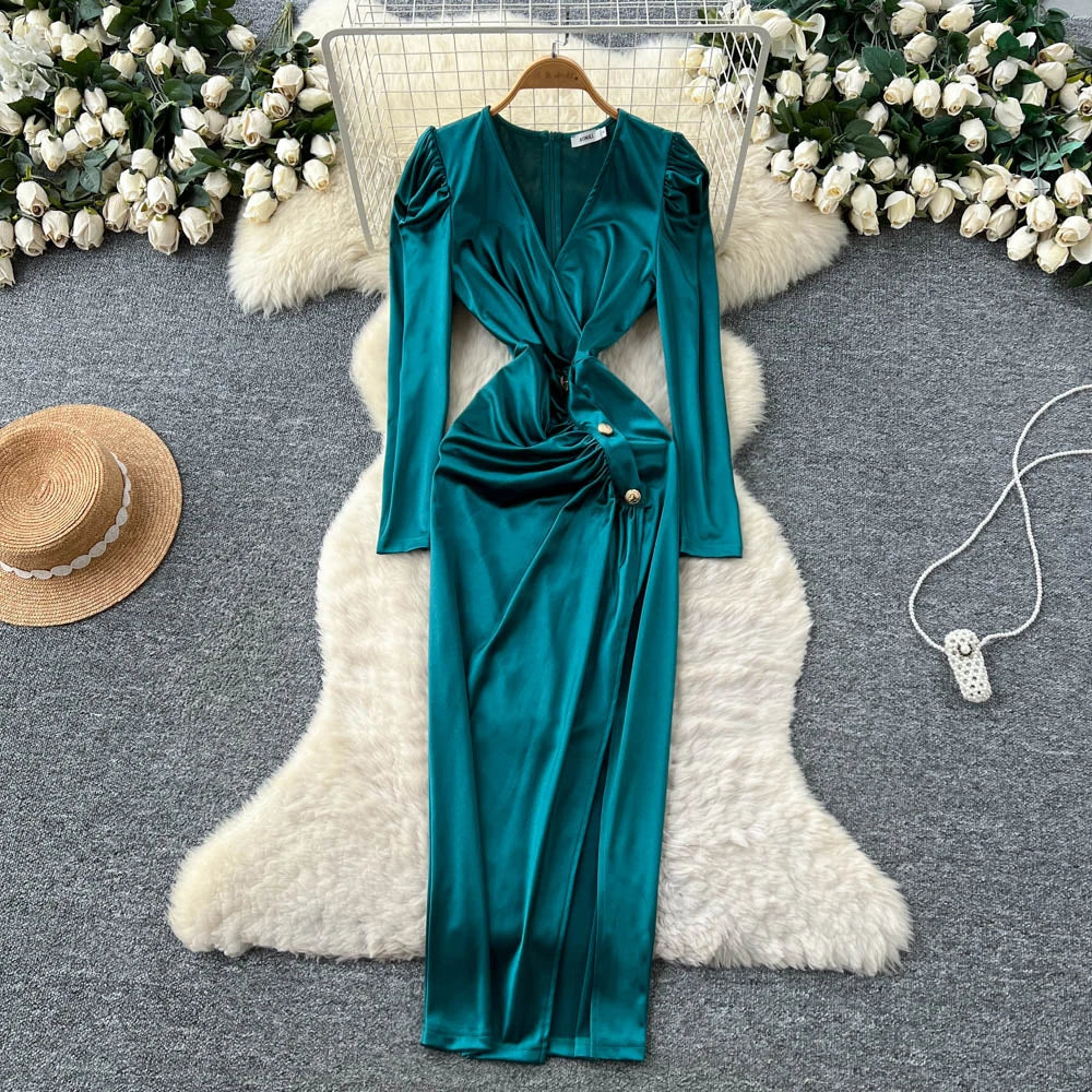 Satin V-Neck Long Sleeve Pencil Dress