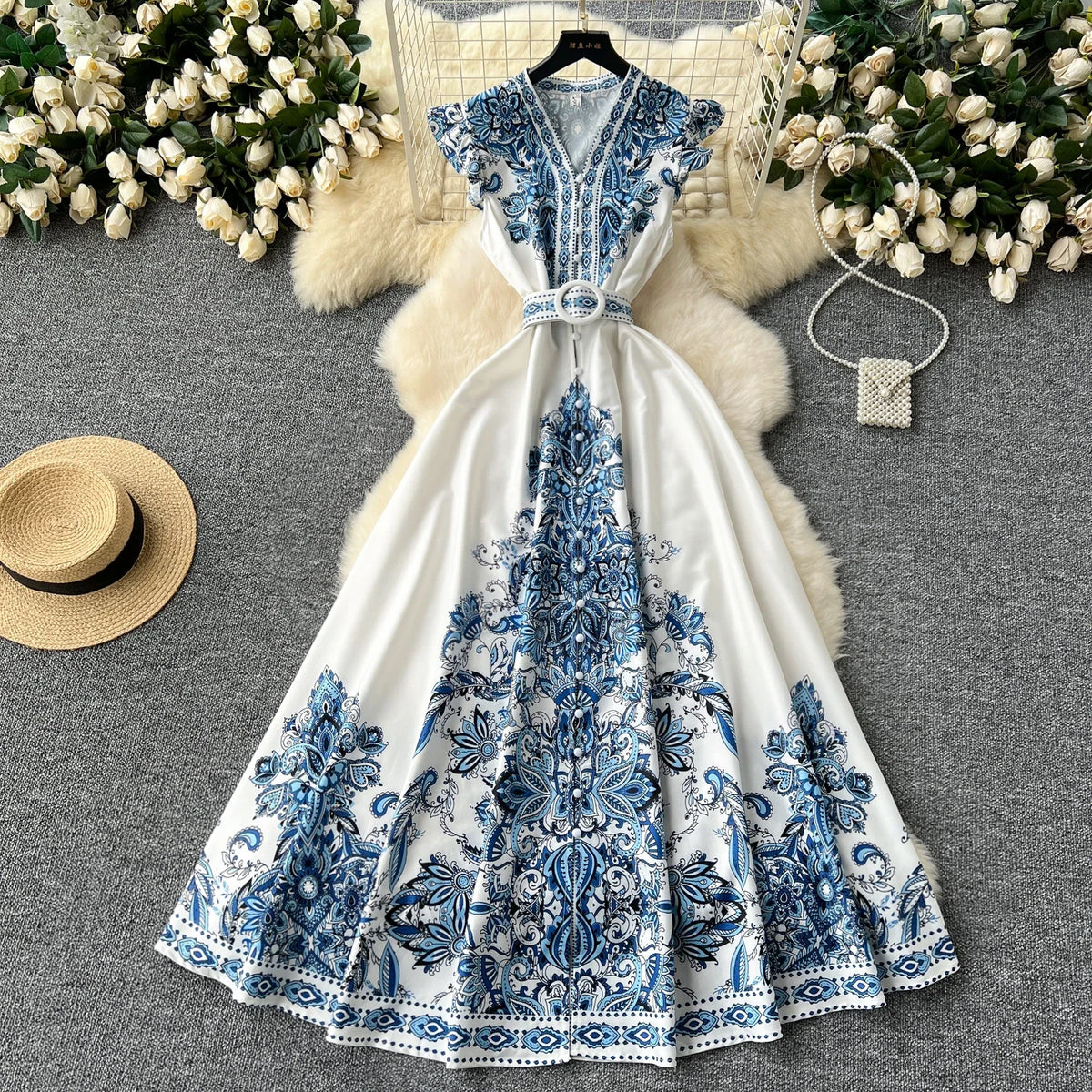 Print Flutter Sleeve V-Neck Long Dress