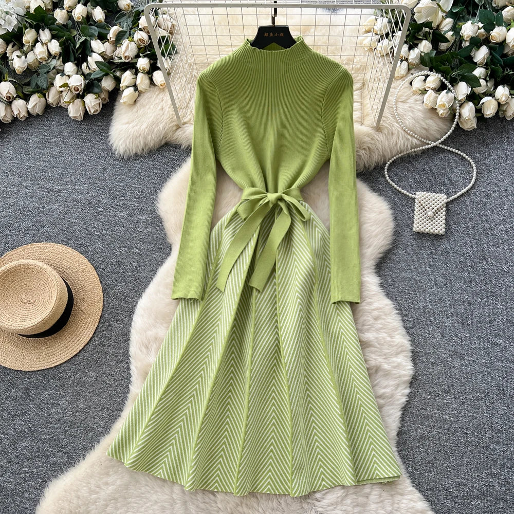 Spliced Knit Long Sleeve Party Dress