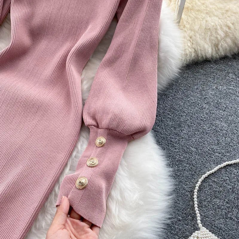 Puff Sleeve Button Knit Bodycon Dress