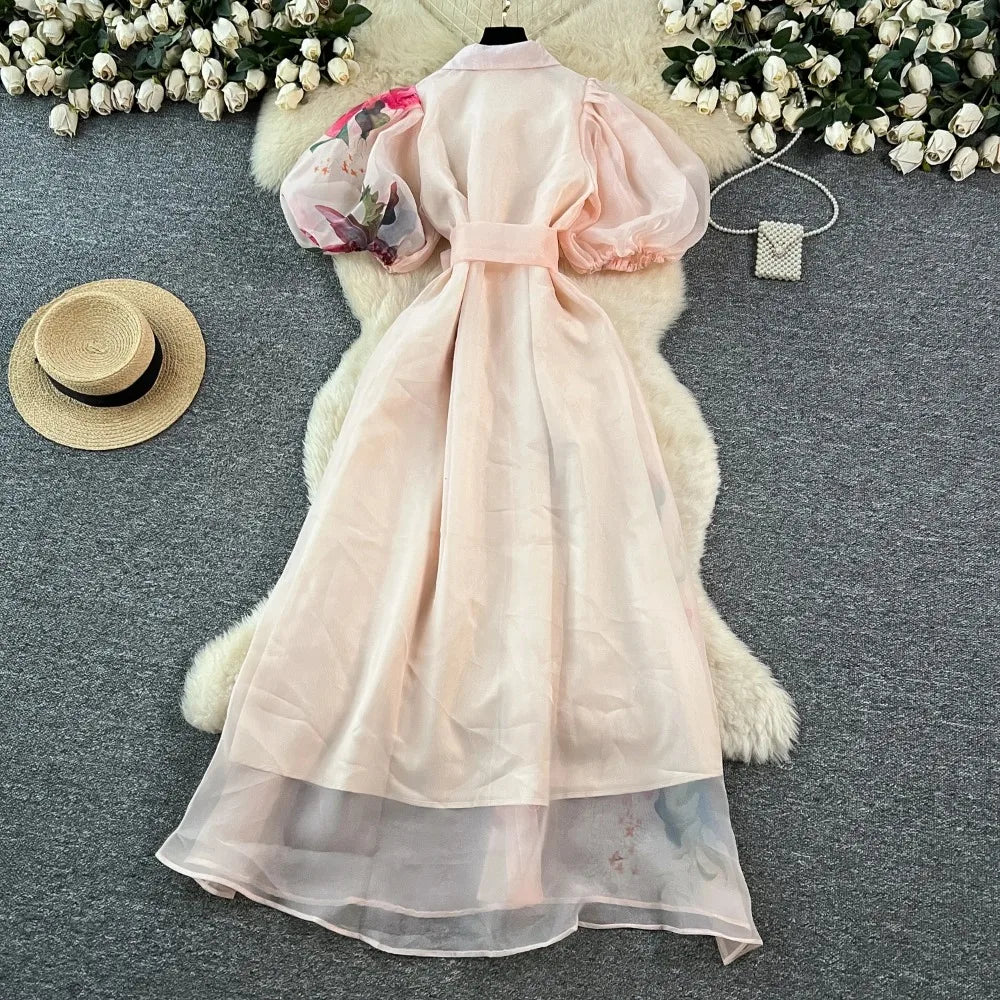 Boho Print Mesh Lace-Up Maxi Sundress