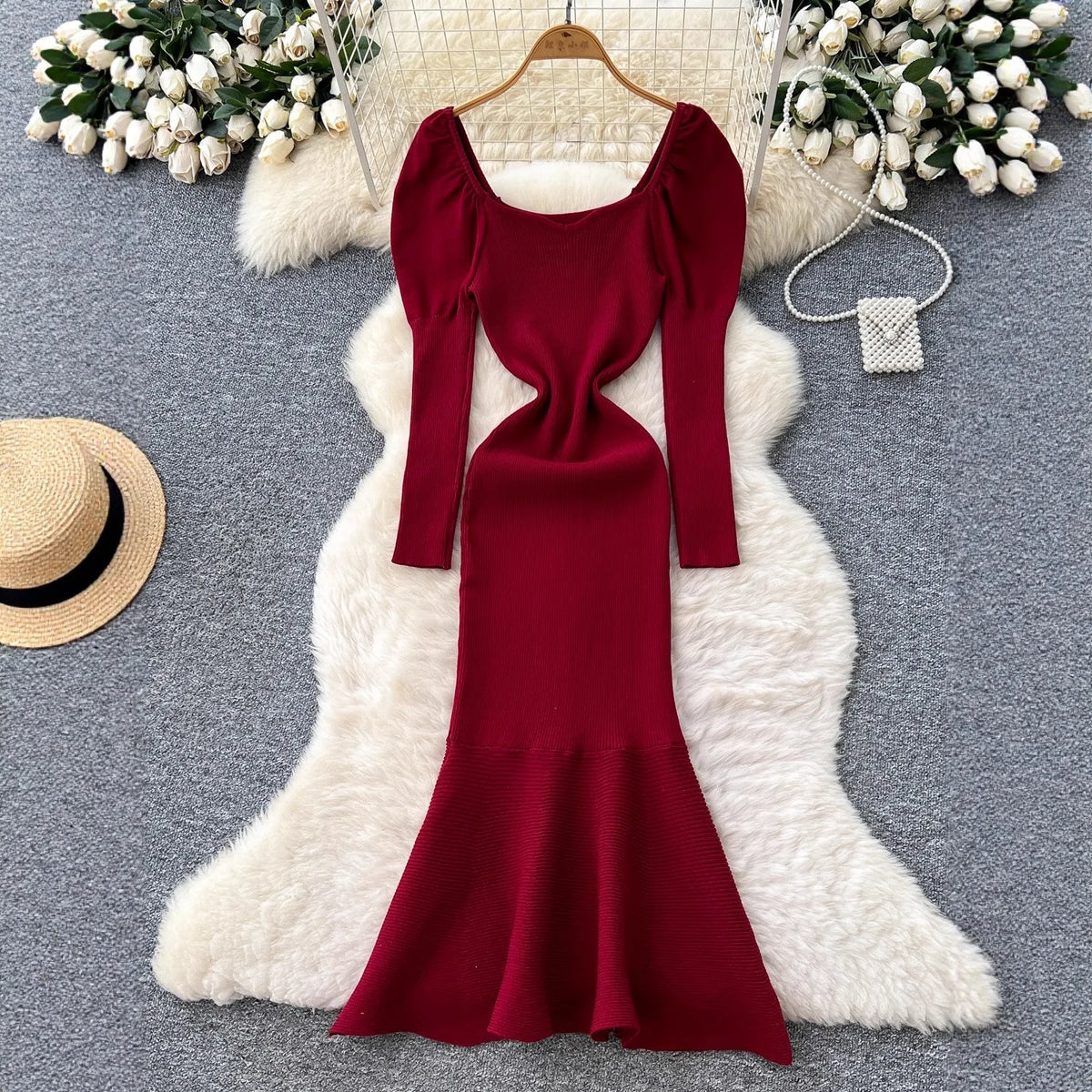 Puff Sleeve Knit Mermaid Maxi Dress