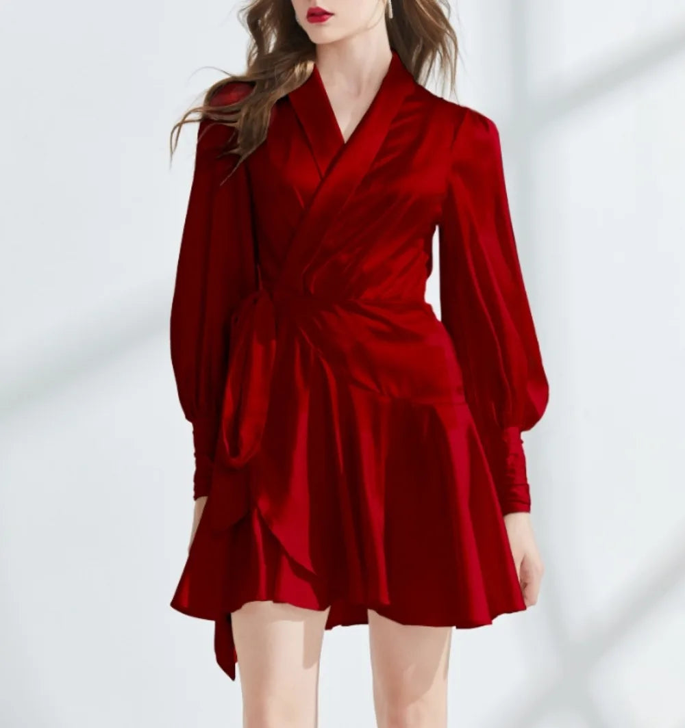 French Solid V-Neck Puff Sleeve A-Line Dress