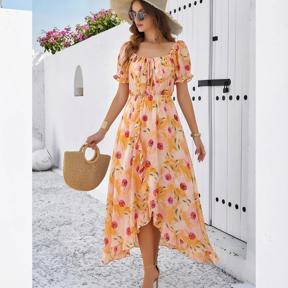 Floral Chiffon V-Neck A-Line Maxi Dress