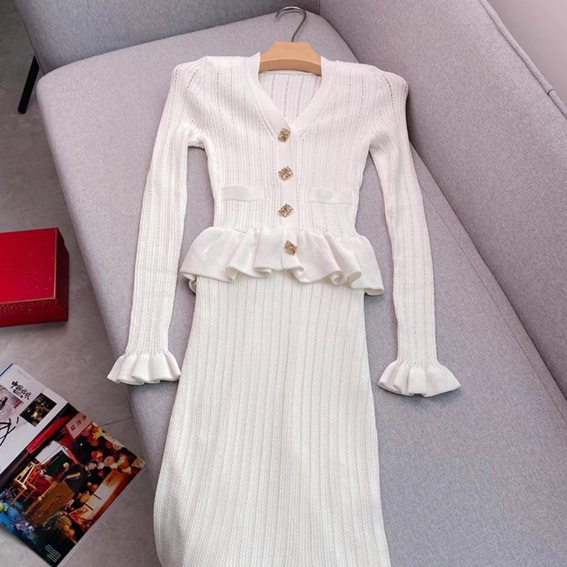 Ruffled V-Neck Knit Bodycon Maxi Dress