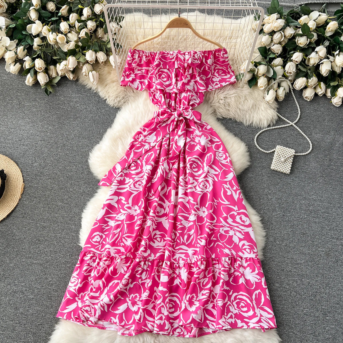 Print Chiffon Boat Neck Tie Waist Dress