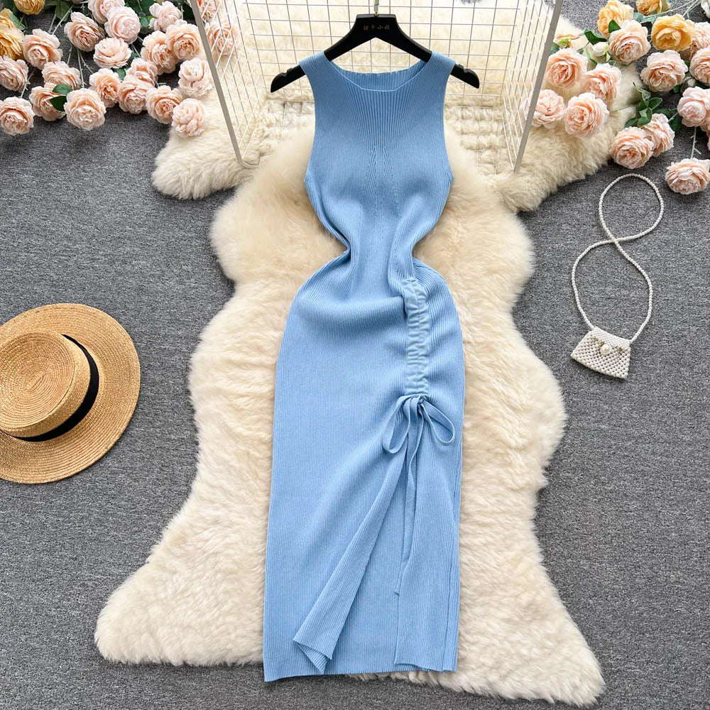 Black Drawstring Split Knit Bodycon Dress