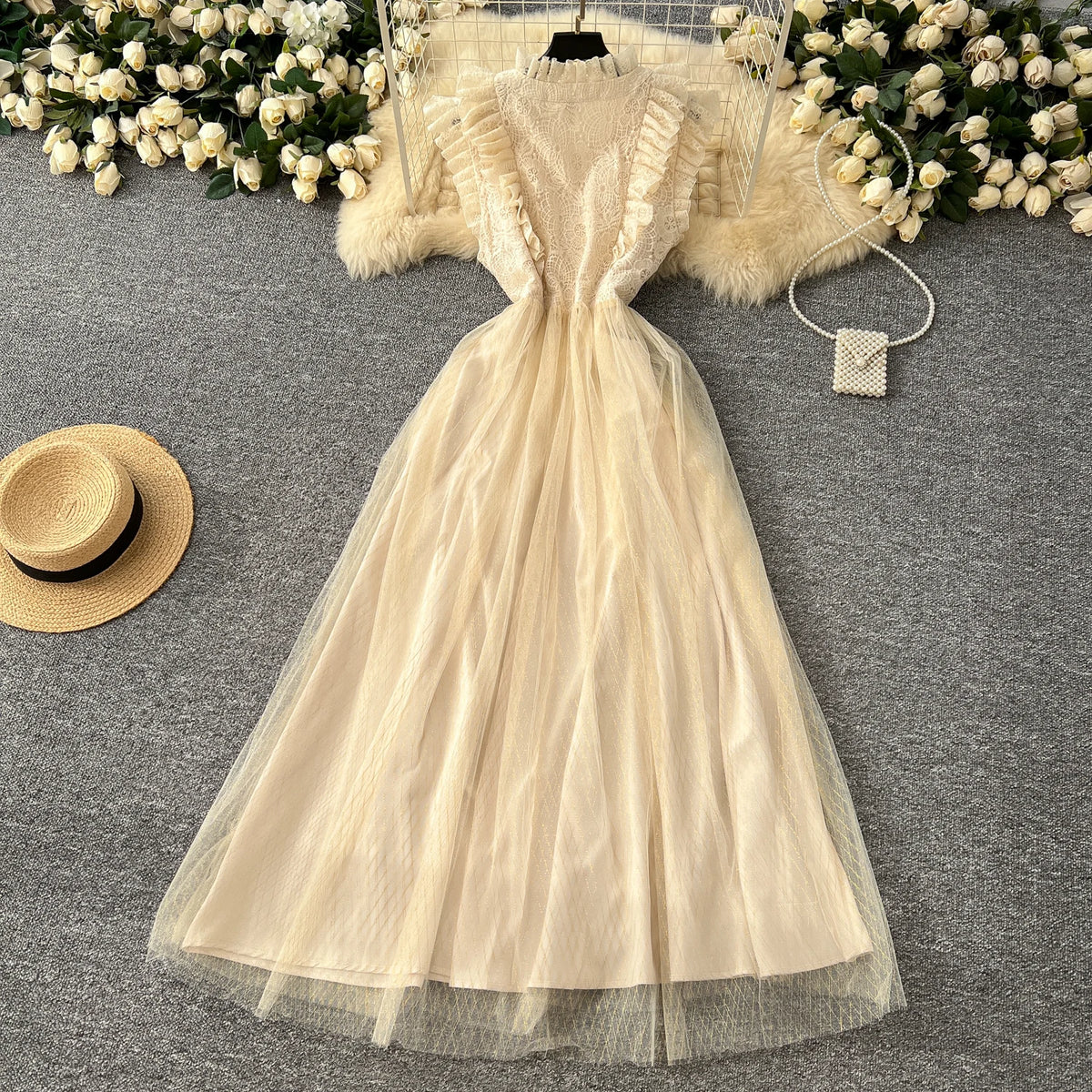 Lettuce Trim Mesh V-Neck Evening Dress