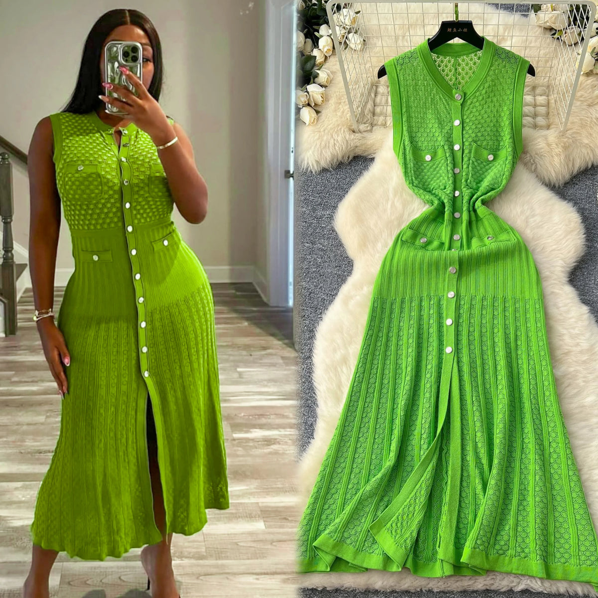 Button Front Knit Maxi Shirt Dress With Pockets