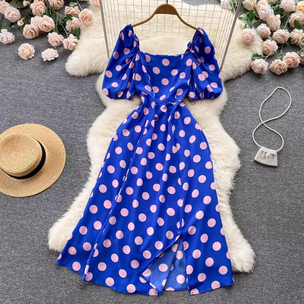 Vintage Polka Dot Puff Sleeve Maxi Dress