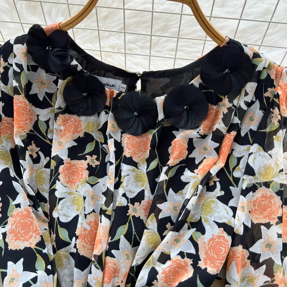Print Lantern Sleeve High Waist Beach Dress