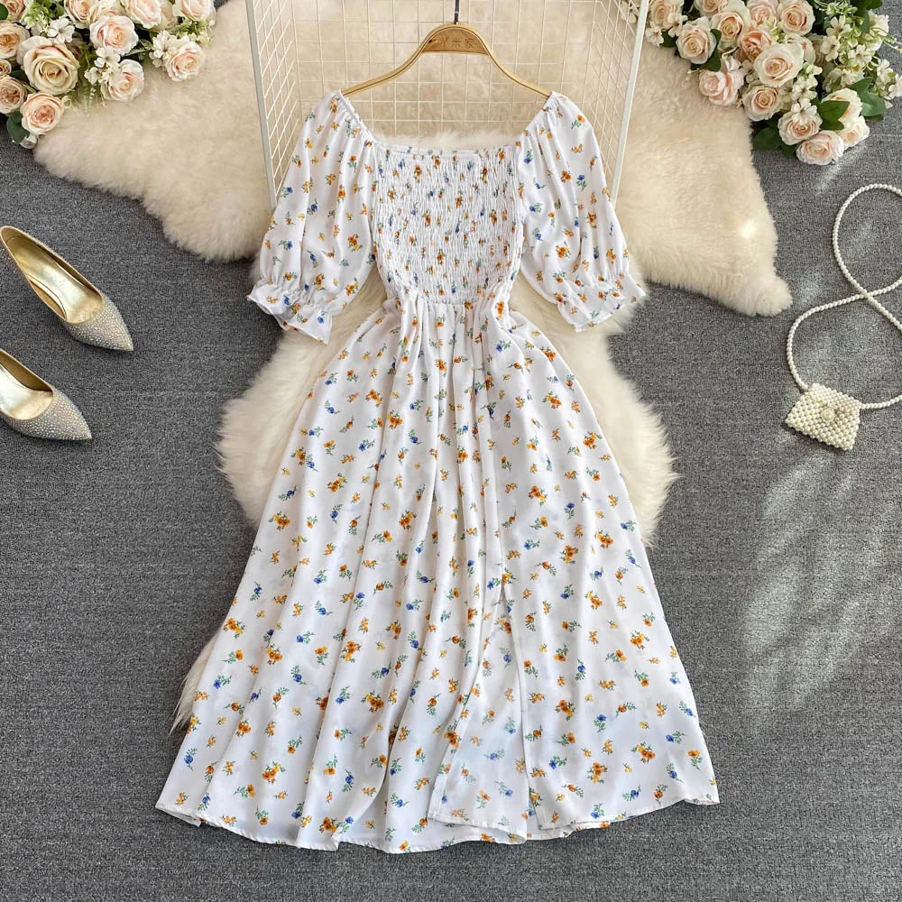 Floral Puff Sleeve Elastic Waist Dress