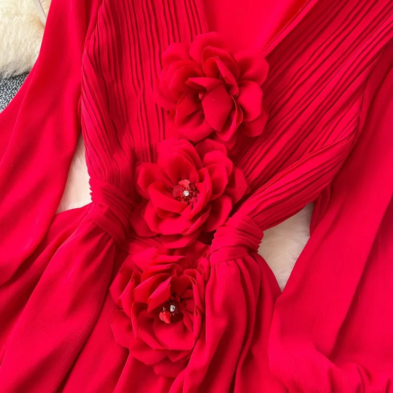 3D Floral V-Neck Lantern Sleeve Dress