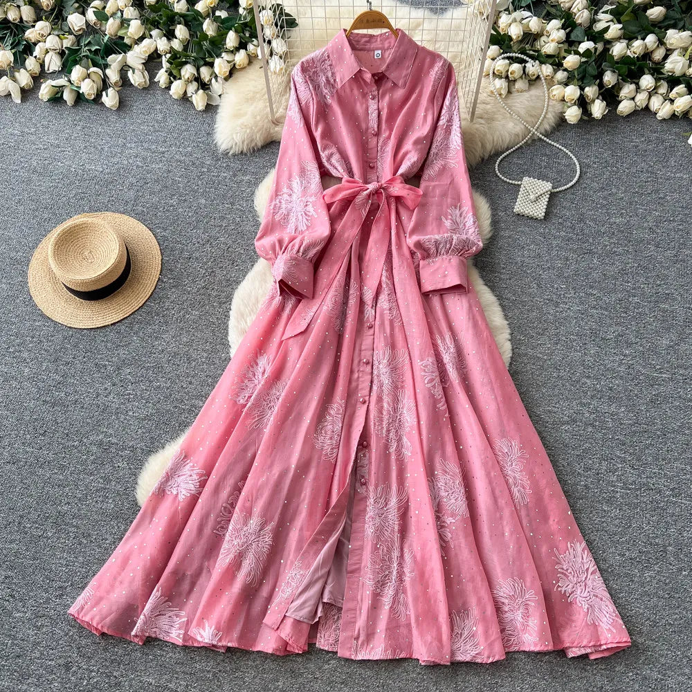 Embroidered Cutout Collared A-Line Dress