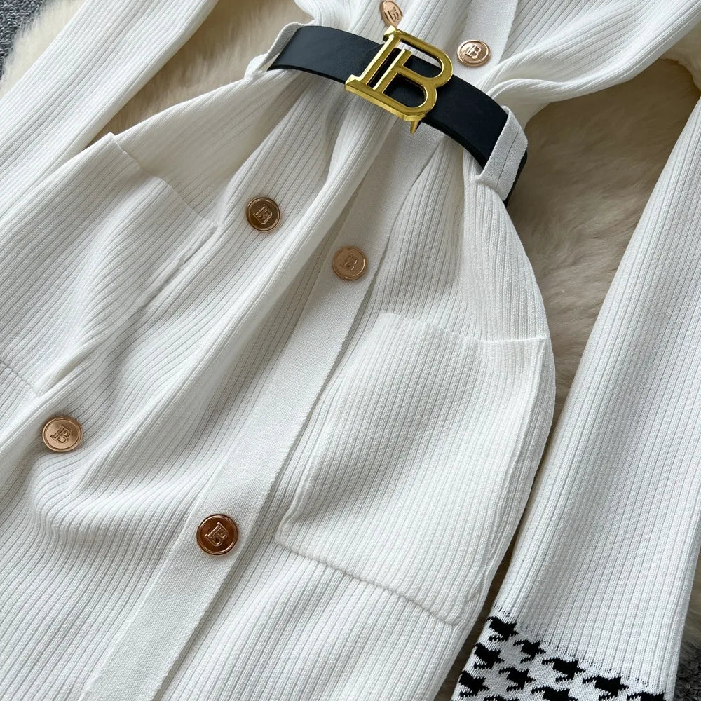 White Double-Breasted V-Neck Sweater Dress
