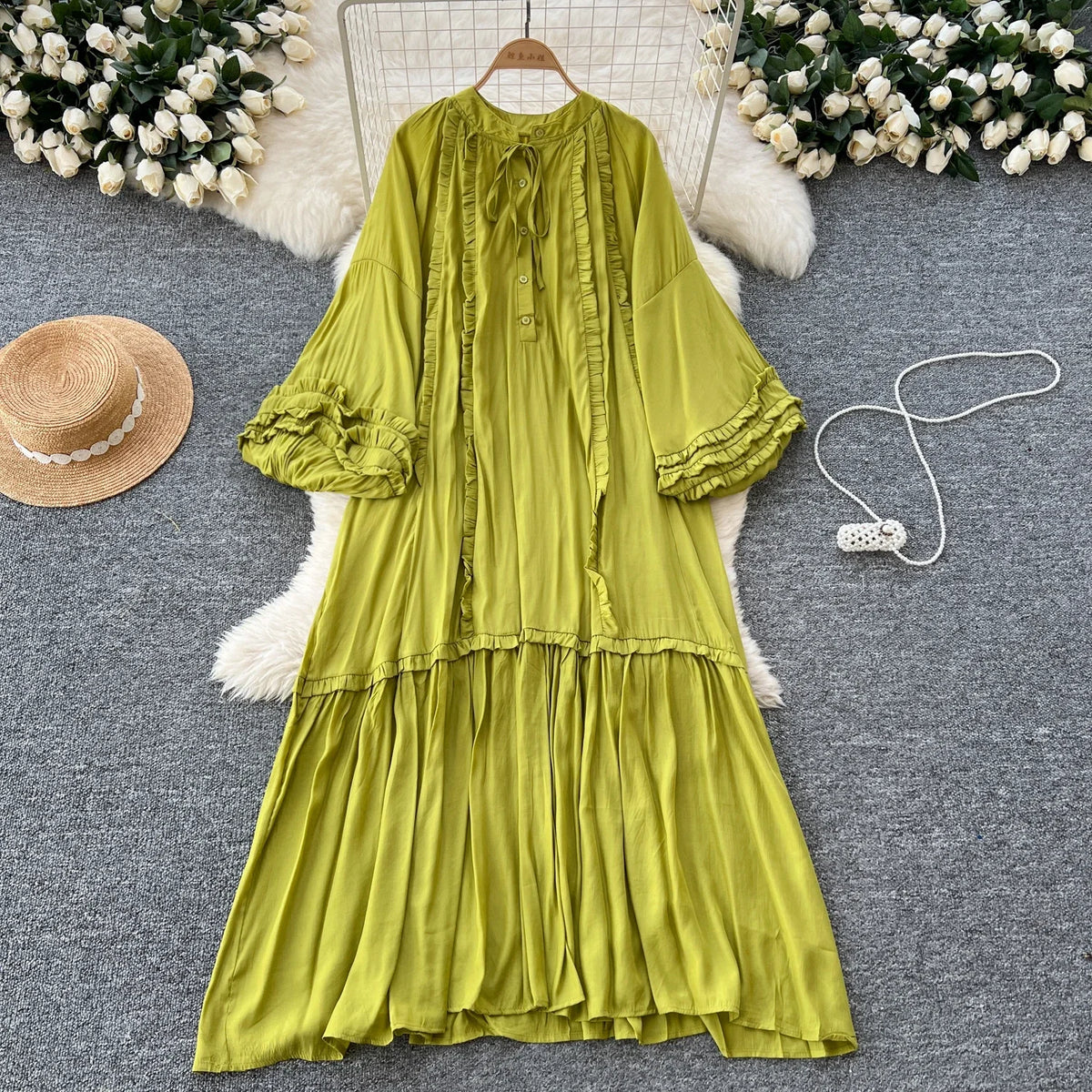 Lace-Up Lantern Sleeve Ruffle Dress