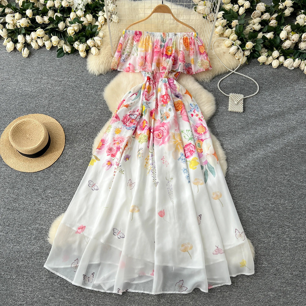 Ruffle Slash Neck Chiffon Print Long Dress