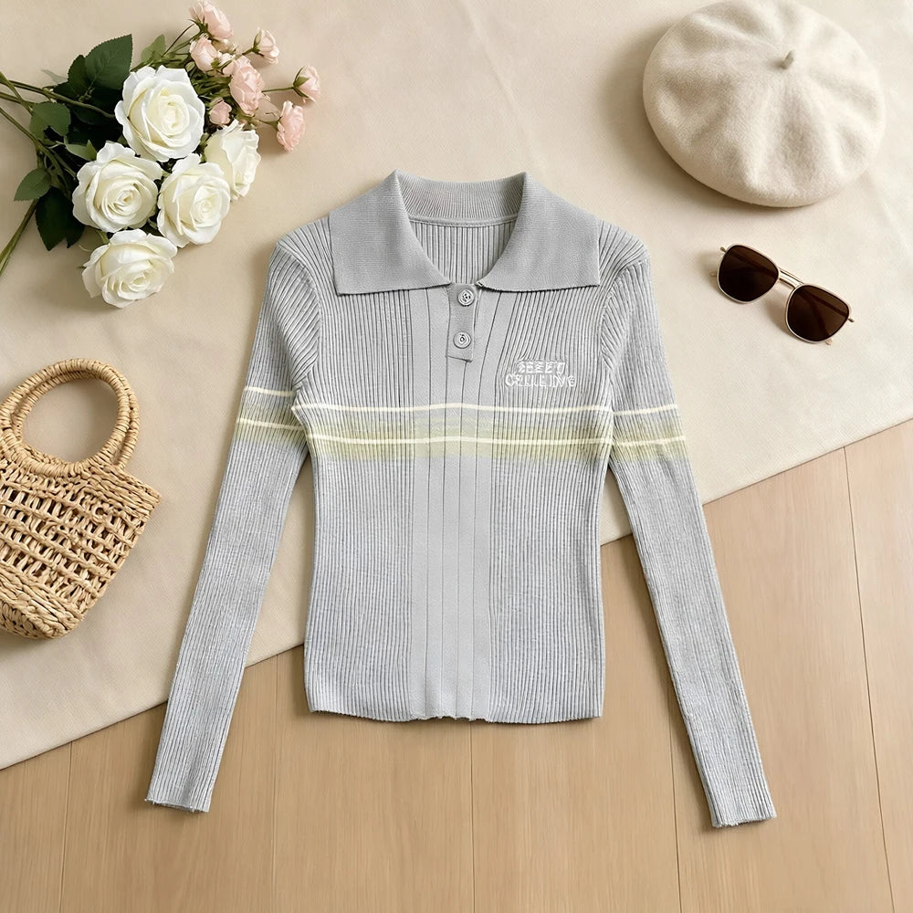 Striped Polo Collar Ribbed Knit Top