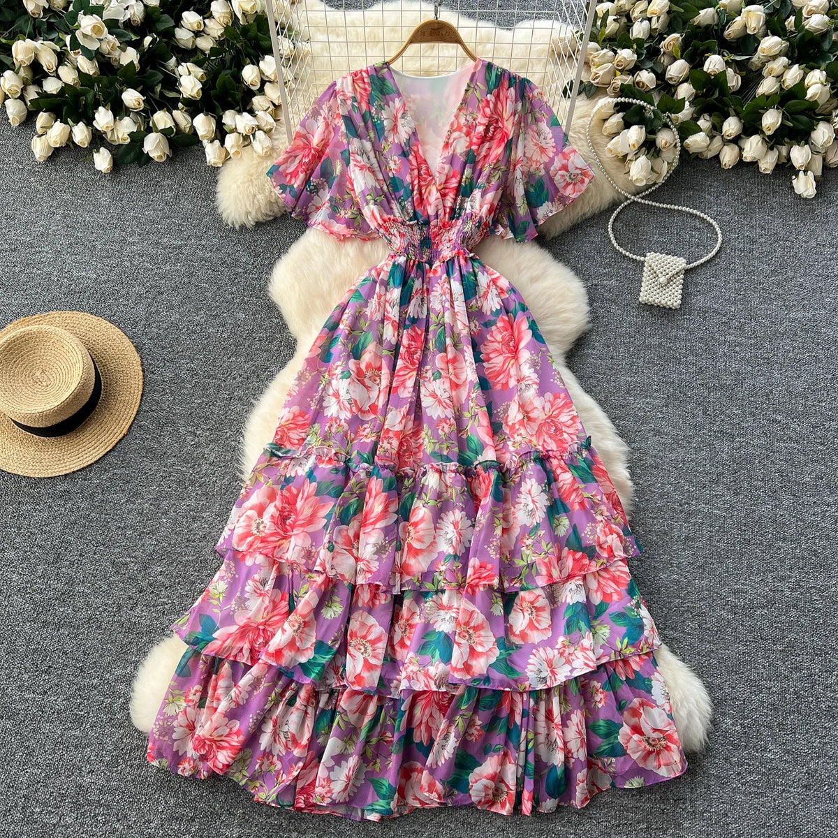 Print Chiffon Butterfly Sleeve A-Line Dress