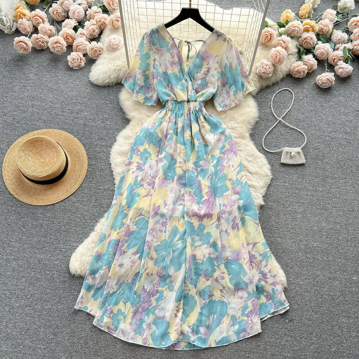 Floral Chiffon V-Neck A-Line Maxi Dress