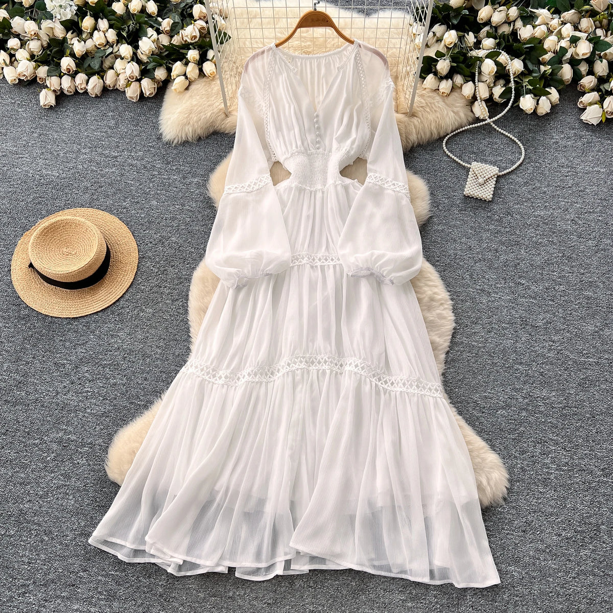Mesh Puff Sleeve Pleated A-Line Dress
