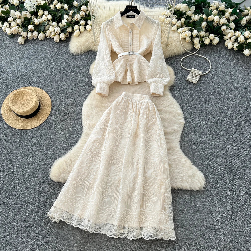 Embroidered Top and High Waist Skirt Set