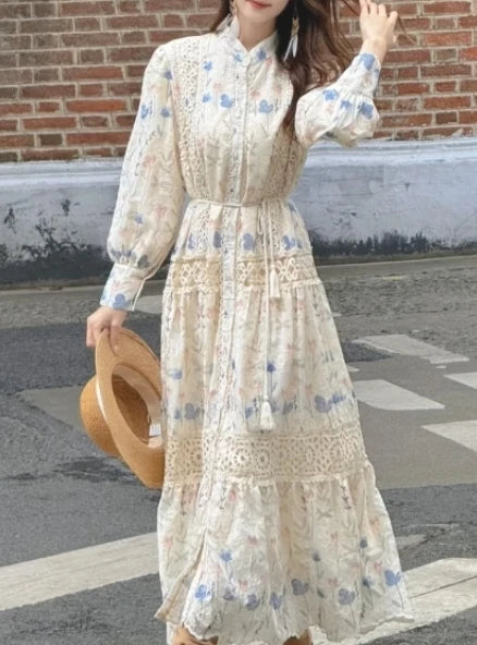 Embroidered Lace Ruffle Button Dress