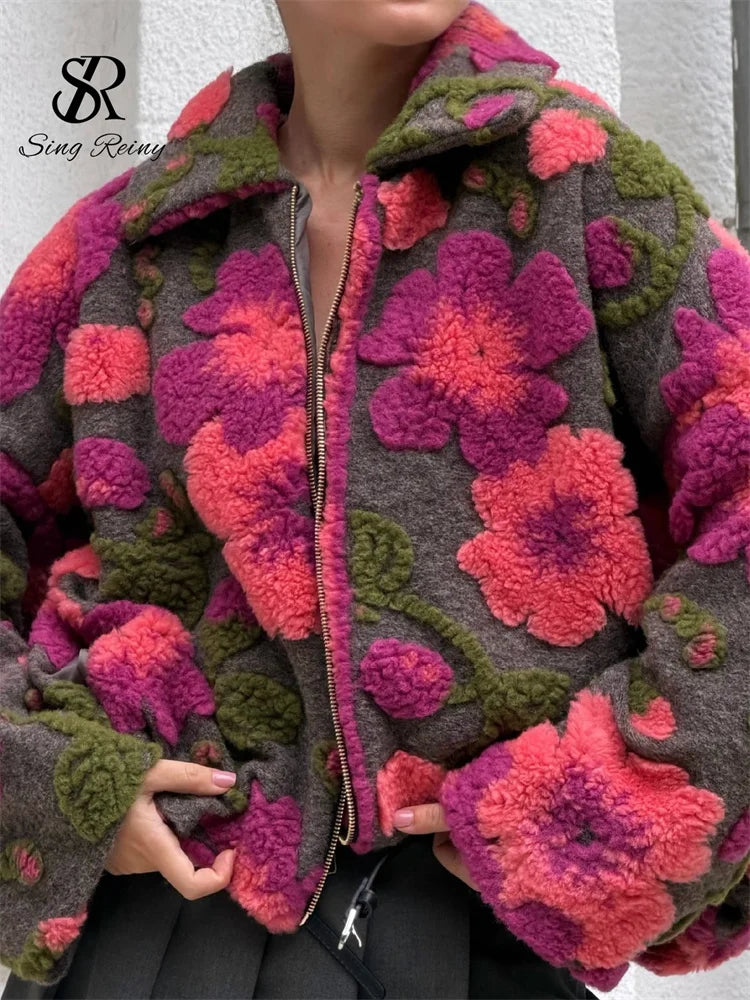 Floral Fleece Zip Collared Jacket
