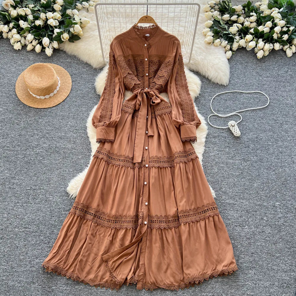Crochet Cutout Button Long Dress