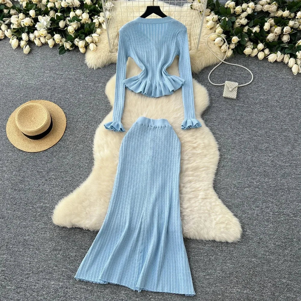 Ruffle Knit Cardigan and Skirt Set