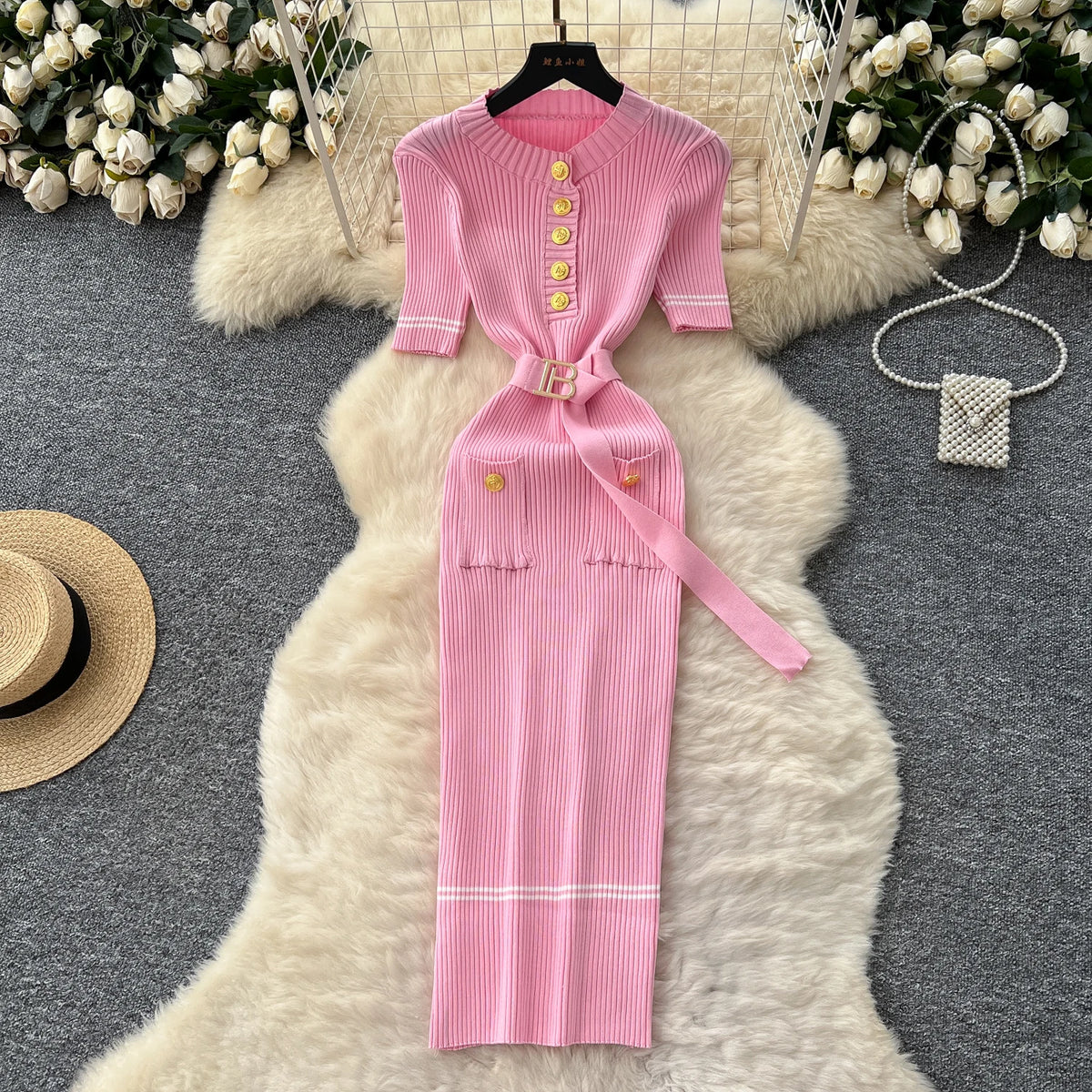 Belted Button Front Knit Maxi Dress