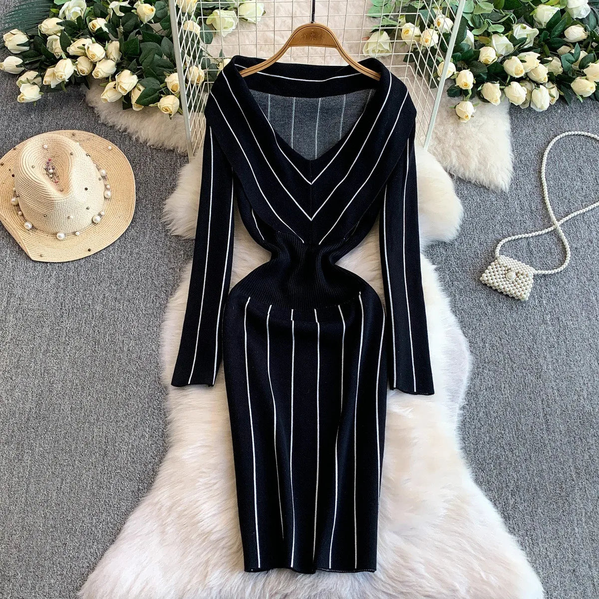 V-Neck Knit Bodycon Sweater Dress
