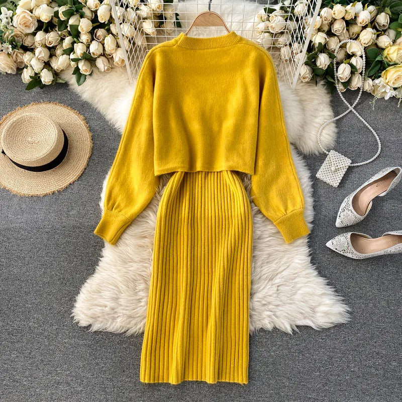 Turtleneck Knit Pencil Dress Two-Piece Set