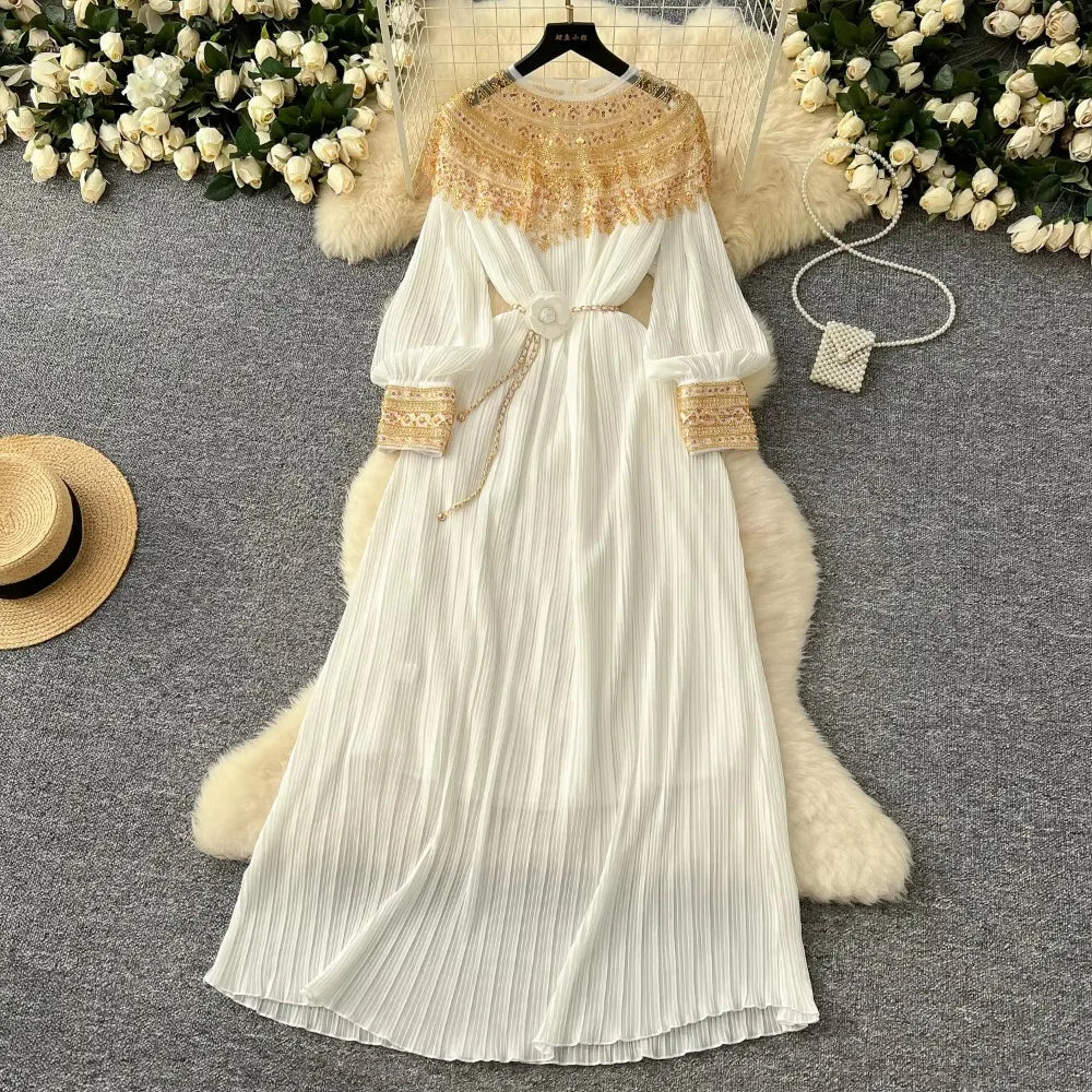 Floral Embroidered Beaded Pleated Dress