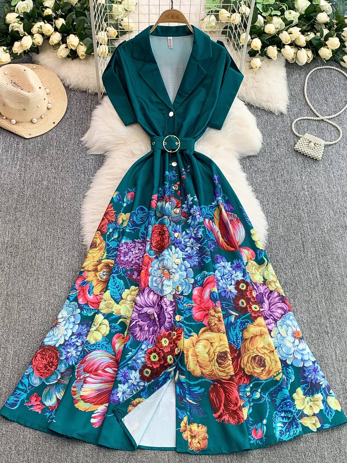Belted Print Slim A-Line Dress