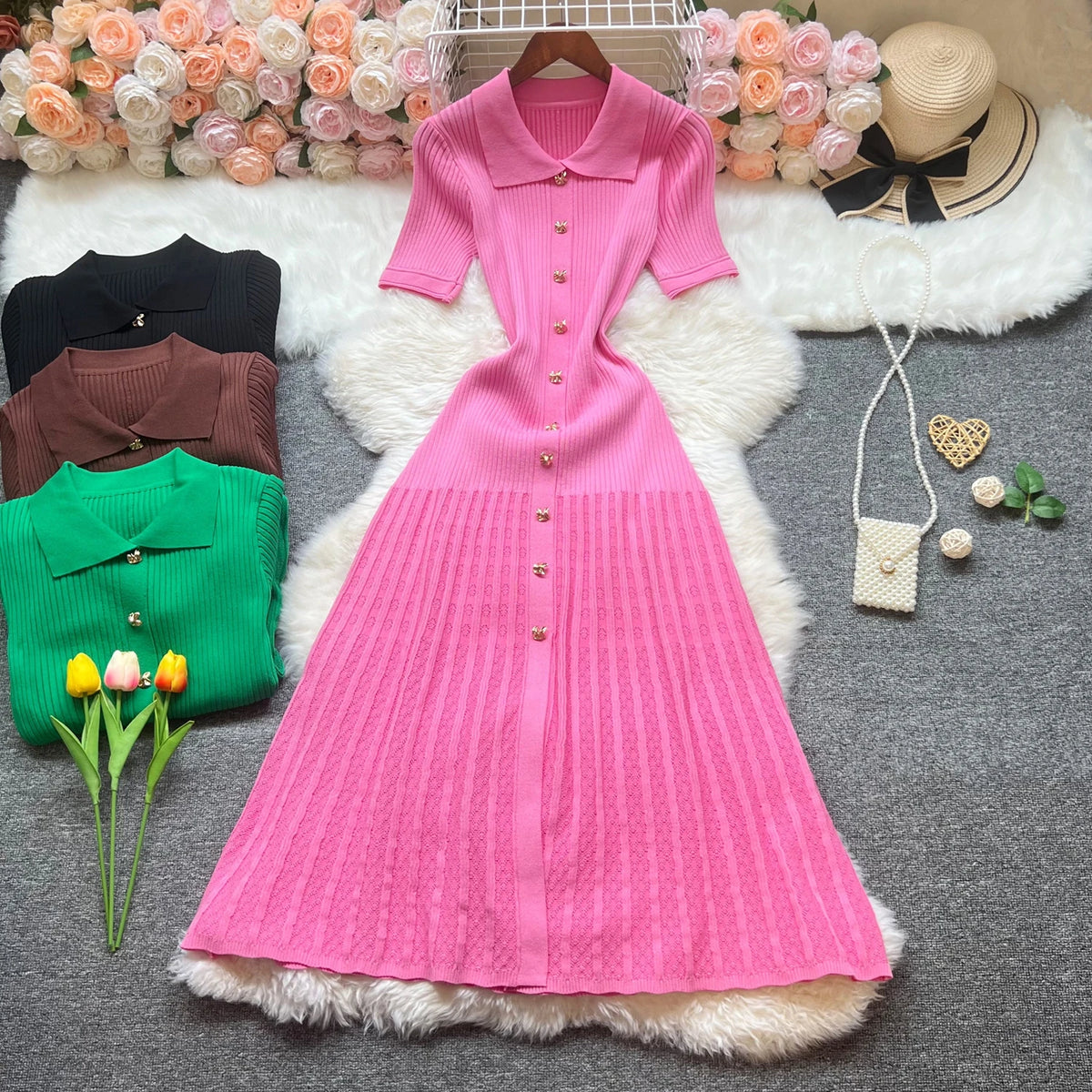 Patchwork Swing Knit Maxi Shirt Dress