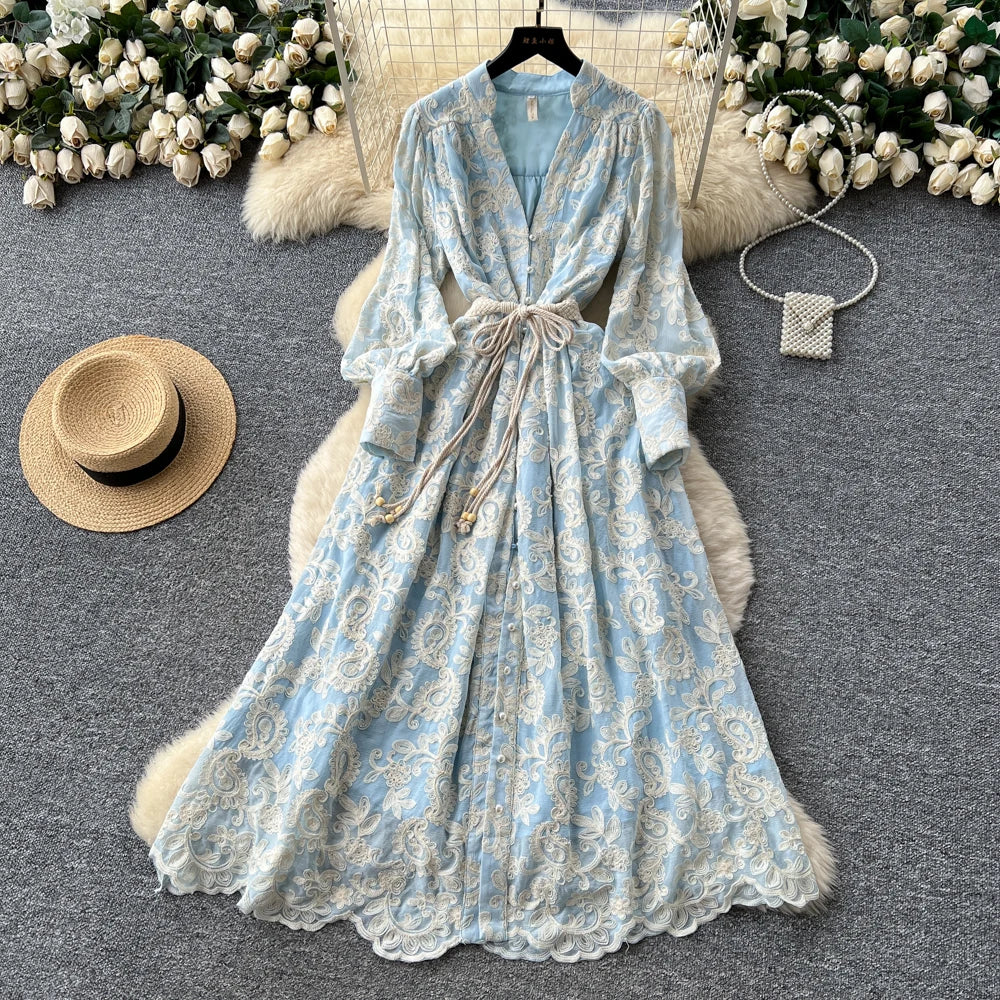 Embroidered V-Neck Long Sleeve Maxi Dress
