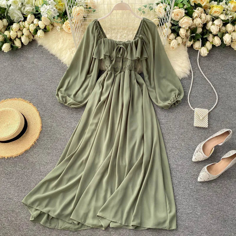 Ruffle Chiffon Puff Sleeve A-Line Dress