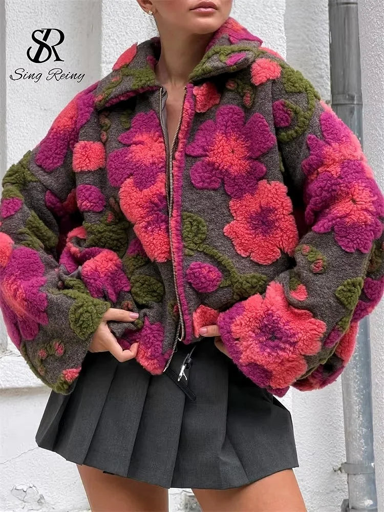 Floral Fleece Zip Collared Jacket