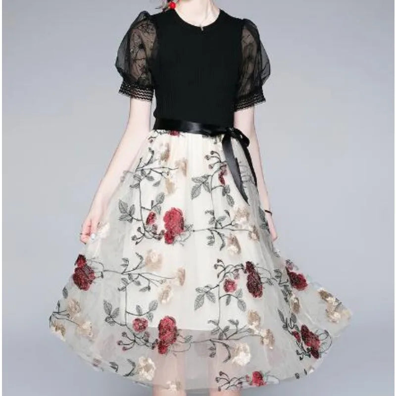 Mesh Patchwork Lantern Sleeve A-Line Dress