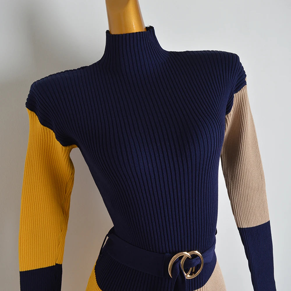 Belted Turtleneck Rib Knit Pencil Dress