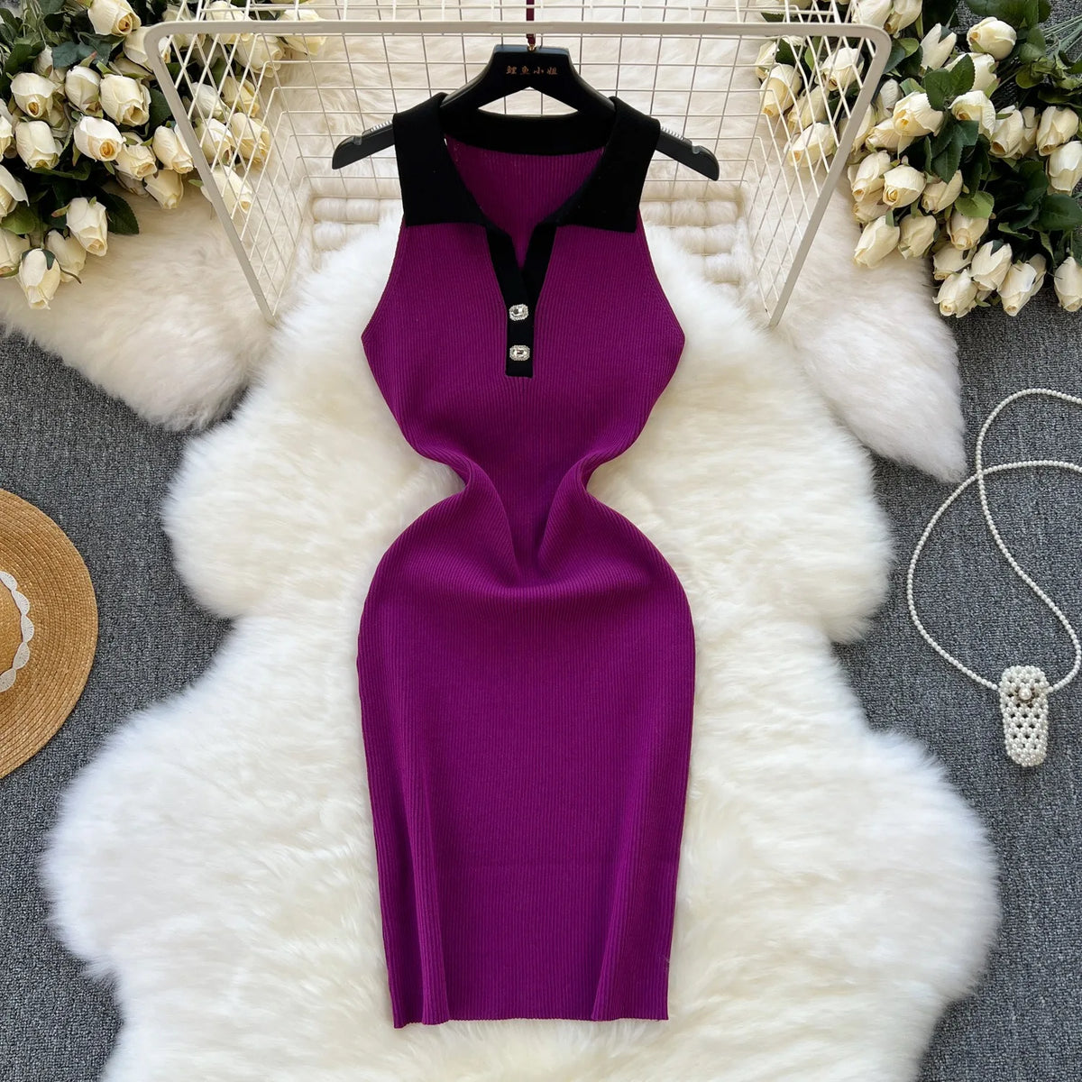 Sleeveless Collared Knit Mini Shirt Dress